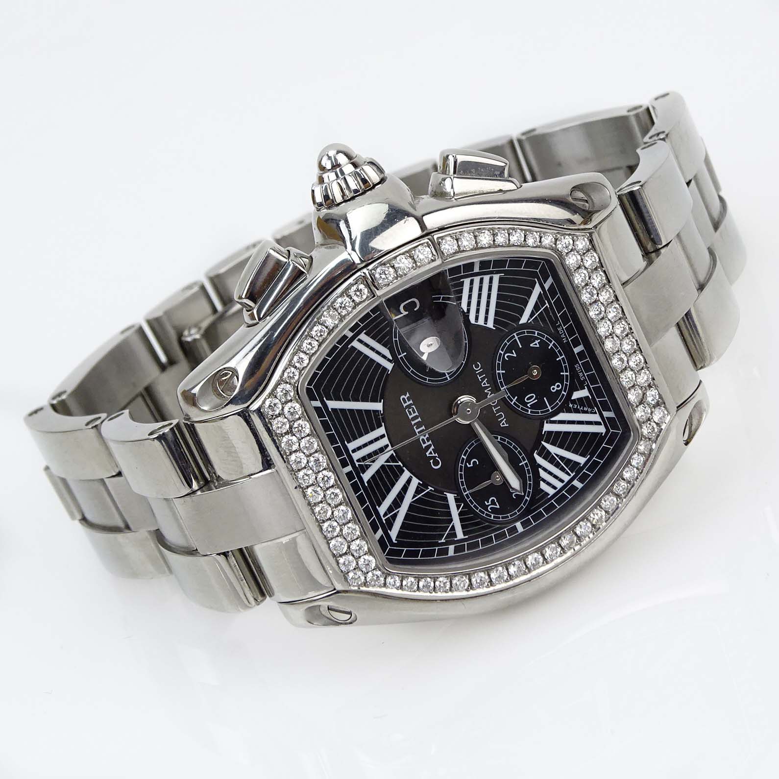 Men's Cartier Roadster Automatic Stainless Steel Chronograph with Diamond Bezel and Black Dial with Box.