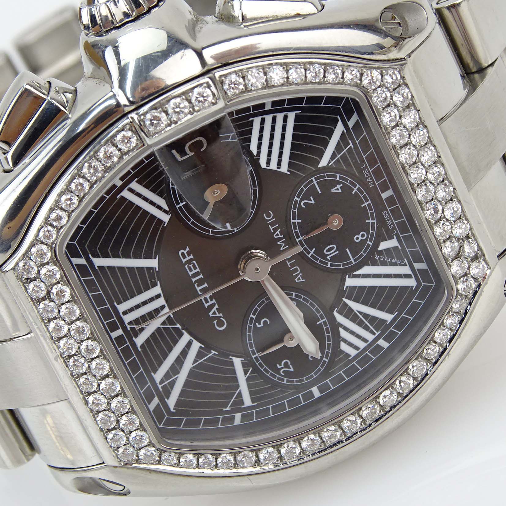 Men's Cartier Roadster Automatic Stainless Steel Chronograph with Diamond Bezel and Black Dial with Box.