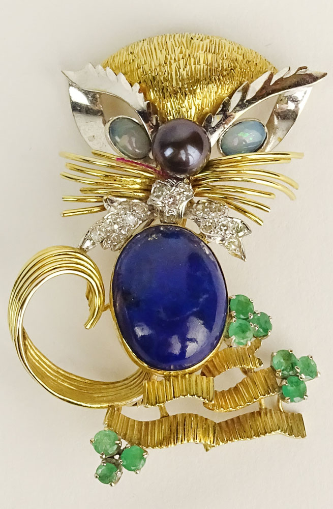 Charming Van Cleef and Arpels style Hand Made 18 Karat Yellow and White Gold Cat Brooch.