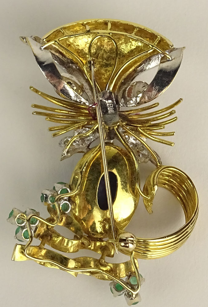 Charming Van Cleef and Arpels style Hand Made 18 Karat Yellow and White Gold Cat Brooch.