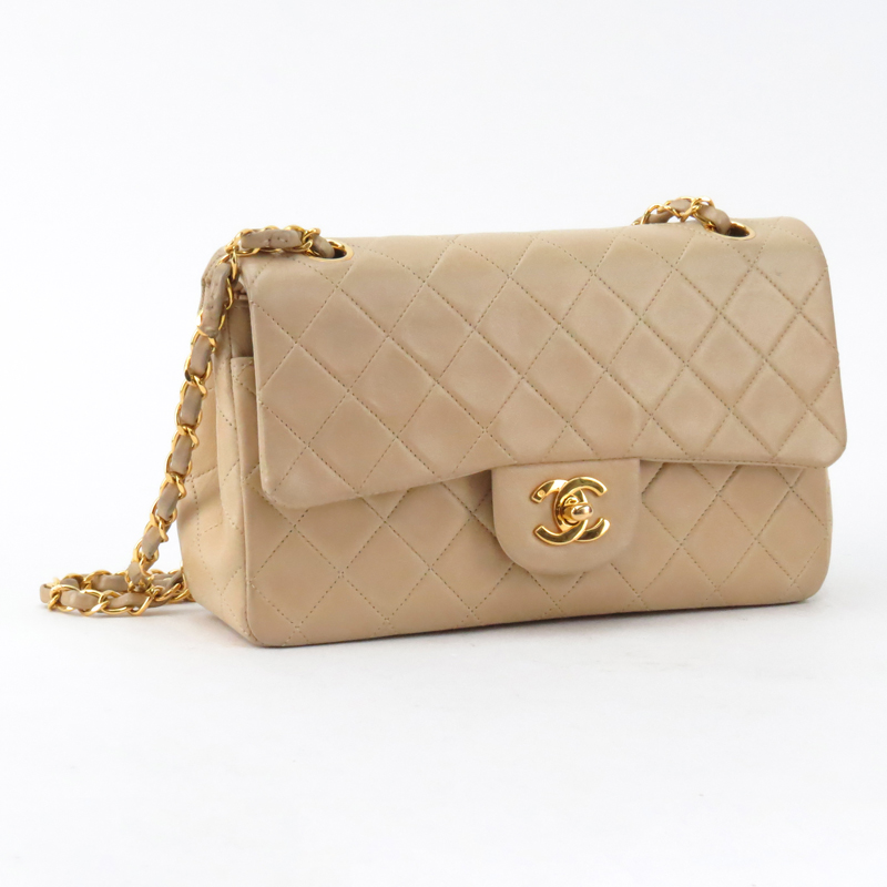 Chanel Beige Quilted Lambskin Double Flap Bag.