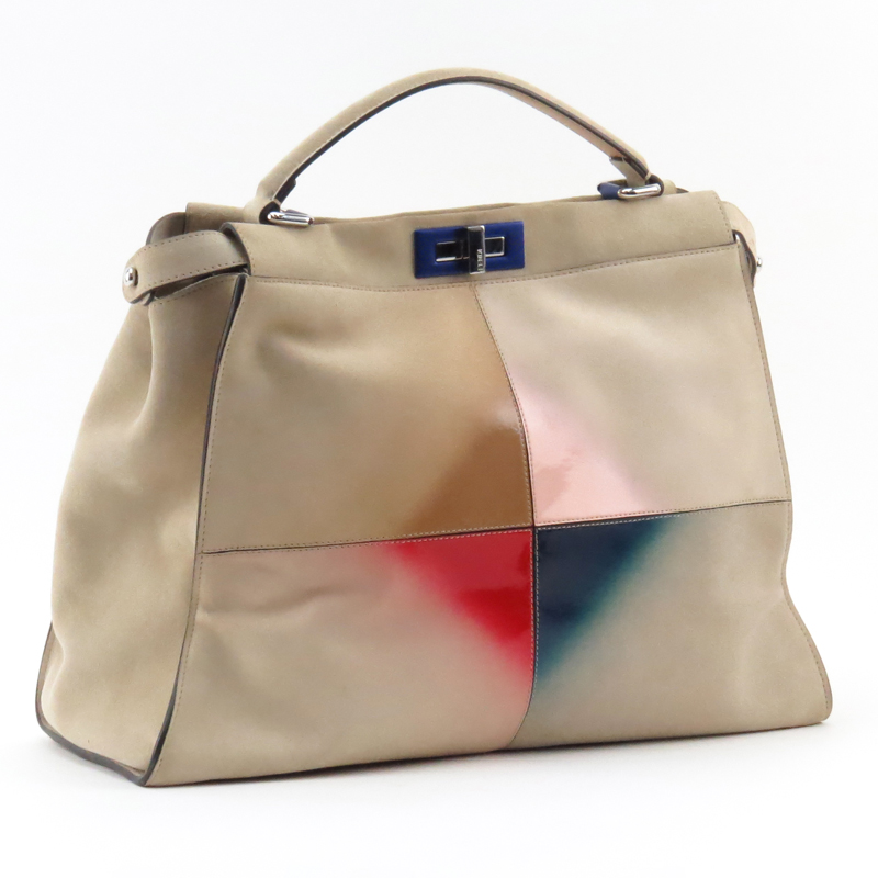 Fendi Large Multi-Color Peekaboo Tote. Tan Suede with Multicolor Marquetry Front.