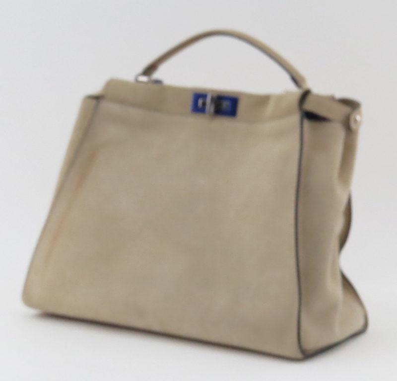 Fendi Large Multi-Color Peekaboo Tote. Tan Suede with Multicolor Marquetry Front.
