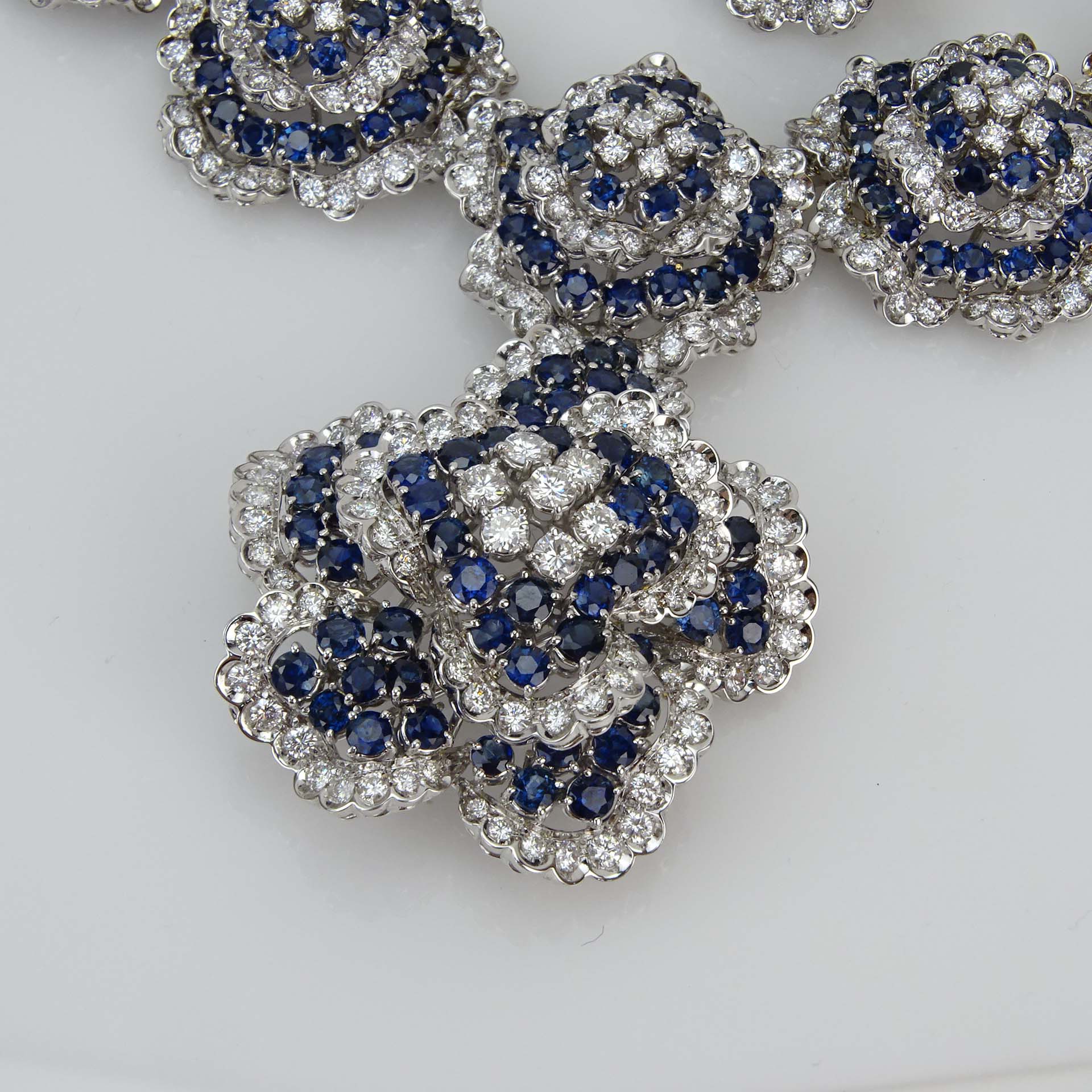 Very Fine Quality Approx. 60.0 Carat Round Brilliant Cut Diamond, 60.0 Carat Round Brilliant Cut Sapphire and 18 Karat White Gold Suite Including Necklace, Brooch and Earrings. 