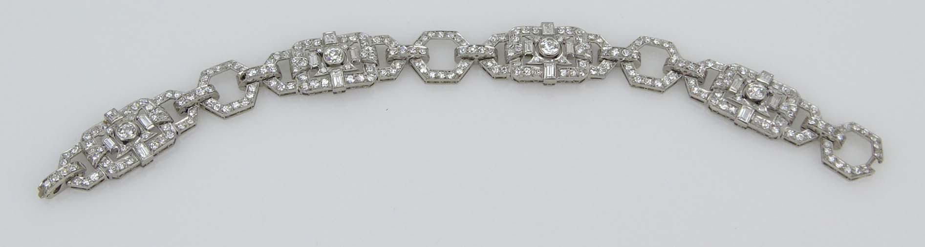 French Art Deco Old European Cut, Emerald Cut and Baguette Cut Diamond and Platinum Bracelet. 