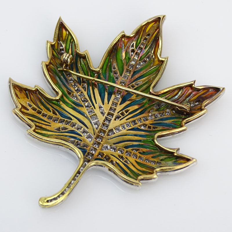 Approx. 1.10 Carat Pave Set Diamond, Enamel and 18 Karat White and Yellow Gold Maple Leaf Brooch. 