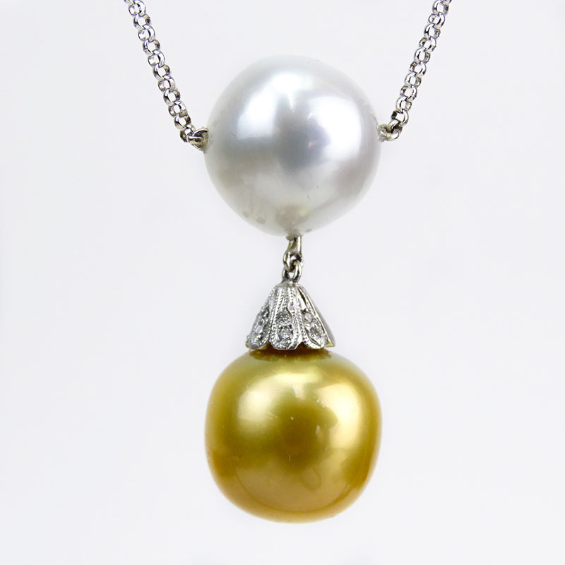 South Sea Pearl, Approx. .30 Carat Diamond and 14 Karat White Gold Pendant Necklace. 