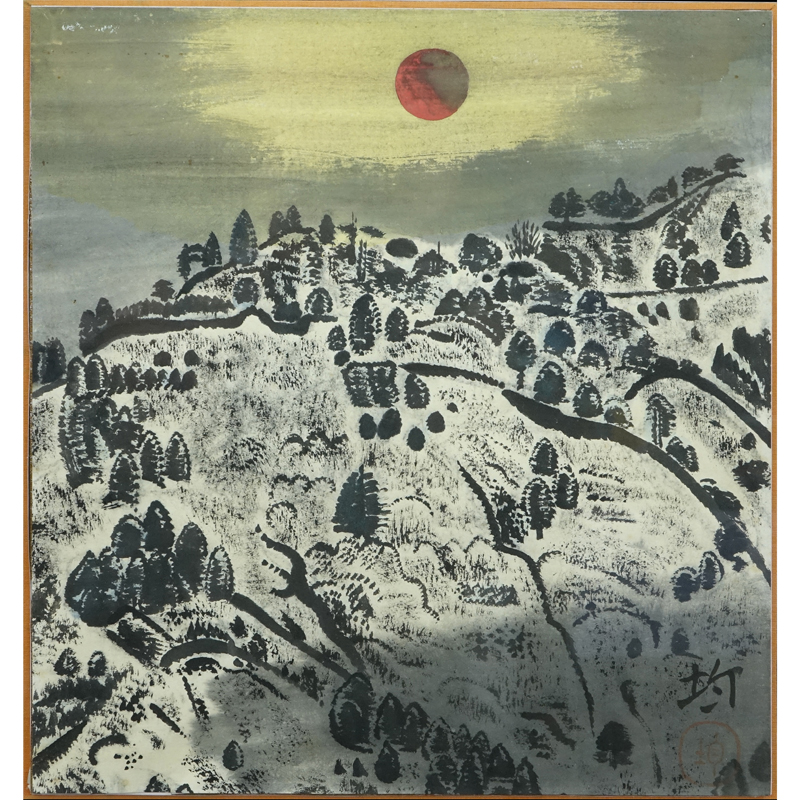 Japanese (20th Century) Lithograph of a Full Moon Over a Mountain Scene.