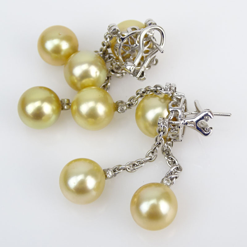 Golden South Sea Pearl, .45 Carat Diamond and 18 Karat White Gold Chandelier Earrings. 