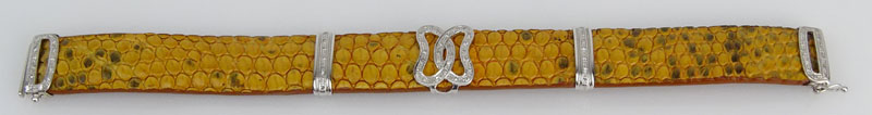 Approx. .45 Carat Diamond and 18 Karat White Gold Mounted Leather Bracelet.