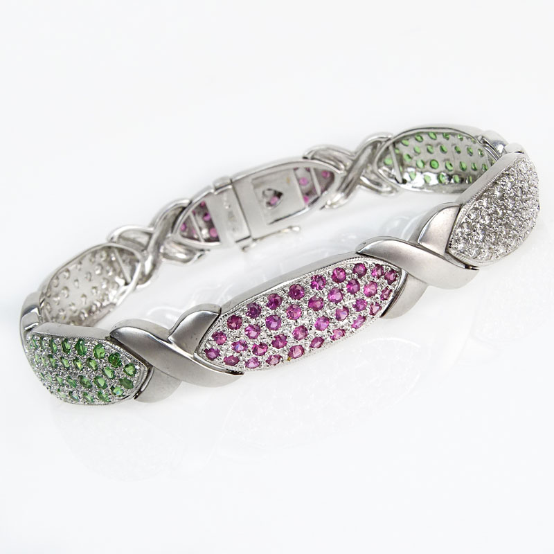 Approx. 1.35 Carat Diamond, 3.45 Carat Pink and Green Sapphire and 18 Karat White Gold Link Bracelet. 