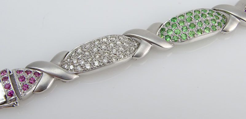 Approx. 1.35 Carat Diamond, 3.45 Carat Pink and Green Sapphire and 18 Karat White Gold Link Bracelet. 
