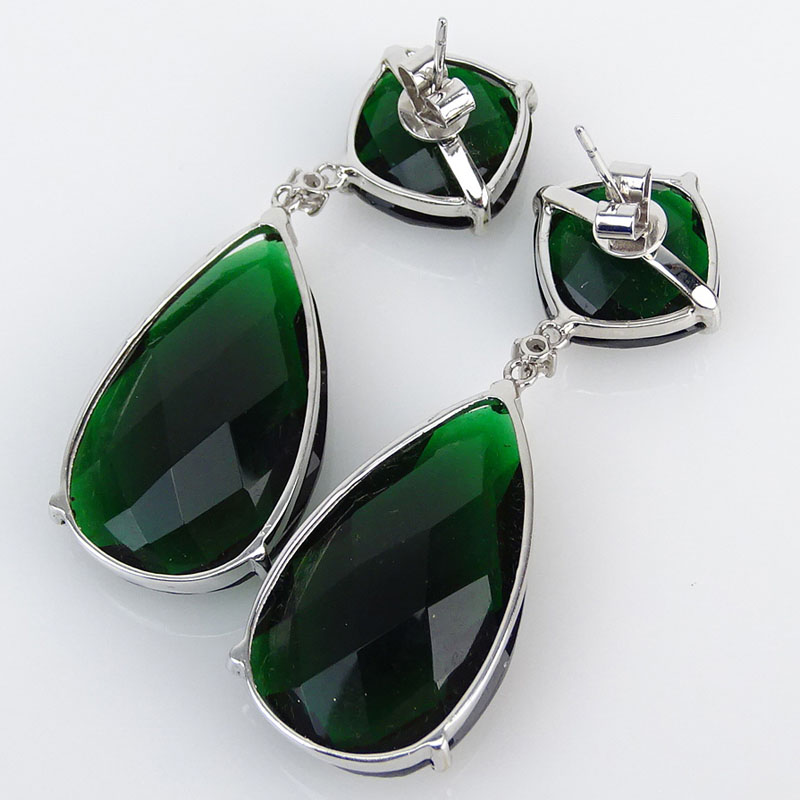 Approx. .12 Carat Diamond, 64.05 Carat Green Stone and 14 Karat White Gold Fashion Pendant Earrings. 