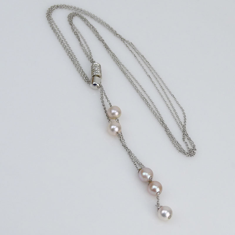 Contemporary Pink Pearl,  Approx. .55 Carat Diamond and 18 Karat White Gold Lariat Necklace. 