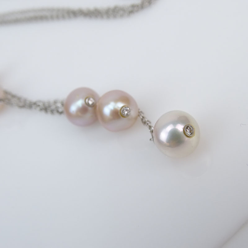Contemporary Pink Pearl,  Approx. .55 Carat Diamond and 18 Karat White Gold Lariat Necklace. 