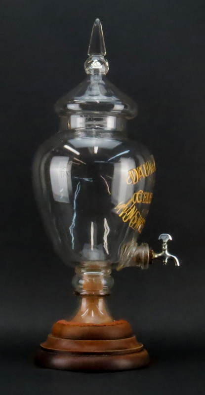 Vintage Daun & Vallentin's Unsweetened Gin Glass Dispenser on Wooden Base.