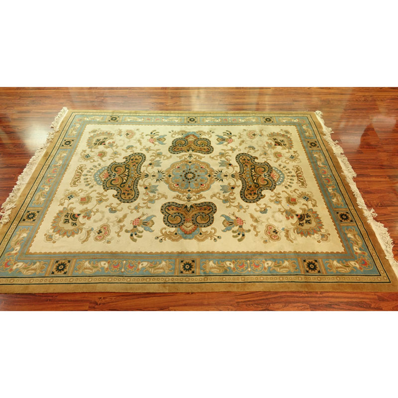 Semi Antique French Aubusson Rug. Multi color with floral and bird motif.
