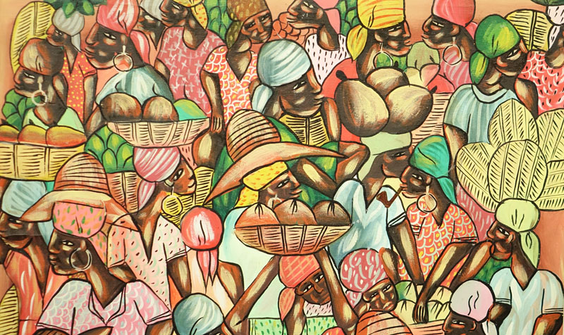 Jean Paulin, Haitian (20th Century) "Marketplace" Oil on Linen Painting 