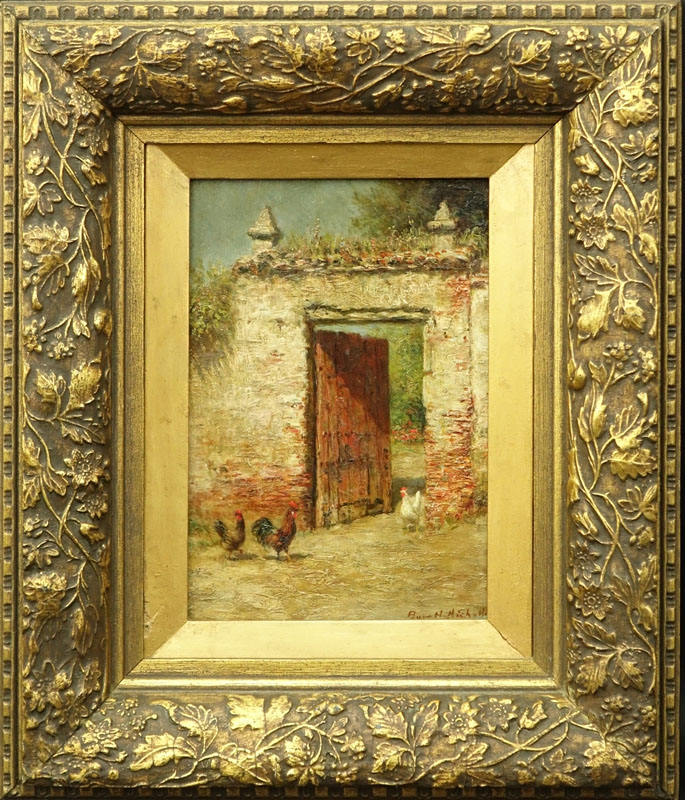 Burr Nicholls, American  (1848-1915) "Fowls at the Venetian Doorway" Oil on Board Signed Lower Right. 