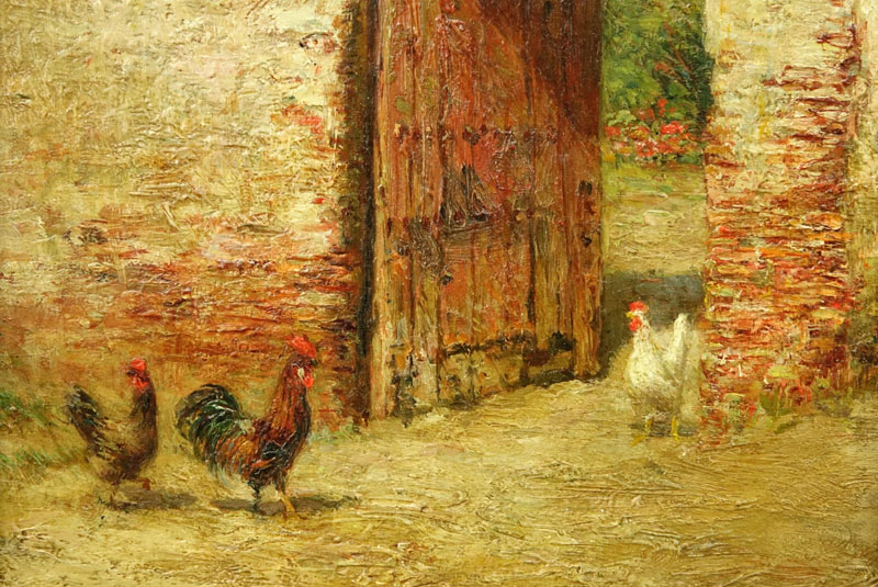 Burr Nicholls, American  (1848-1915) "Fowls at the Venetian Doorway" Oil on Board Signed Lower Right. 