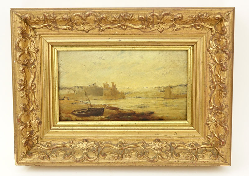 In the Manner of: J M W Turner, British (1775-1851) "Conway Castle" Oil on Board Signed "JA" Lower Left.