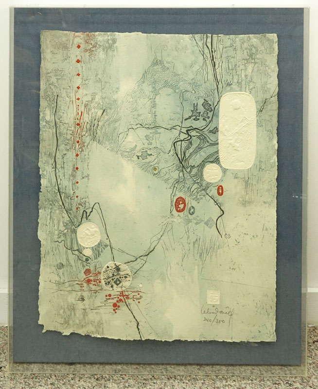 La Ba Dang, Vietnamese (b. 1922) "Les Elementalis 1982" Embossed Etching and Aquatint on Paper in Shadowbox Frame. 