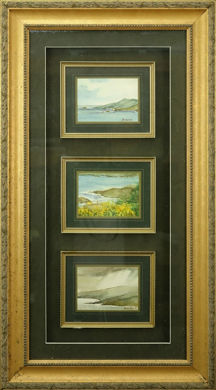 Barbara Von Seida, New Zealand (20th Century) Triptych Watercolours of Ocean Views in a Single Frame. 