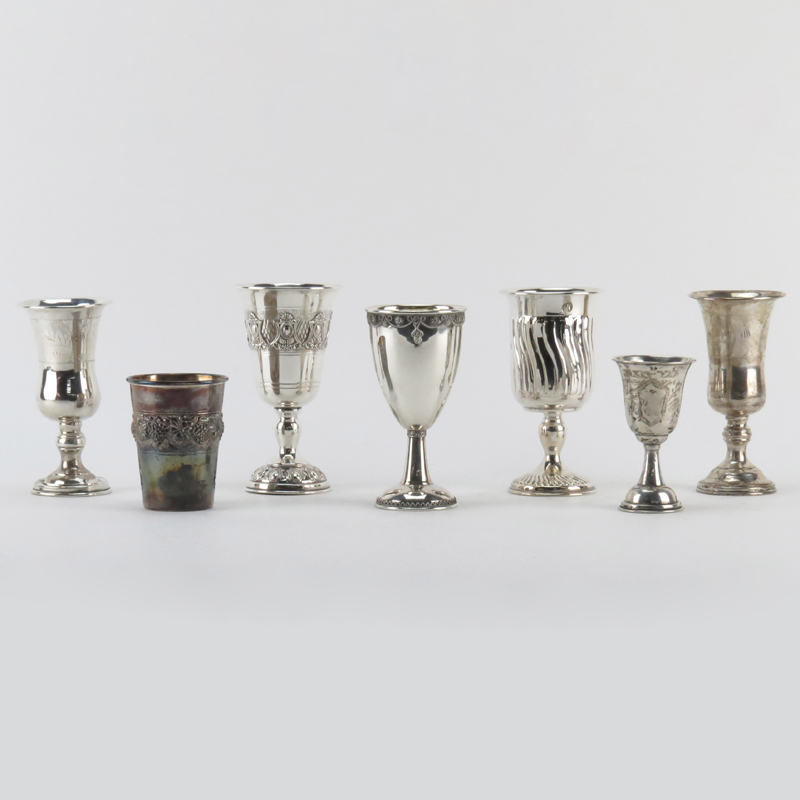Collection of Seven (7) Sterling Silver, 800 Silver and Silver Plate Judaica Cups. 