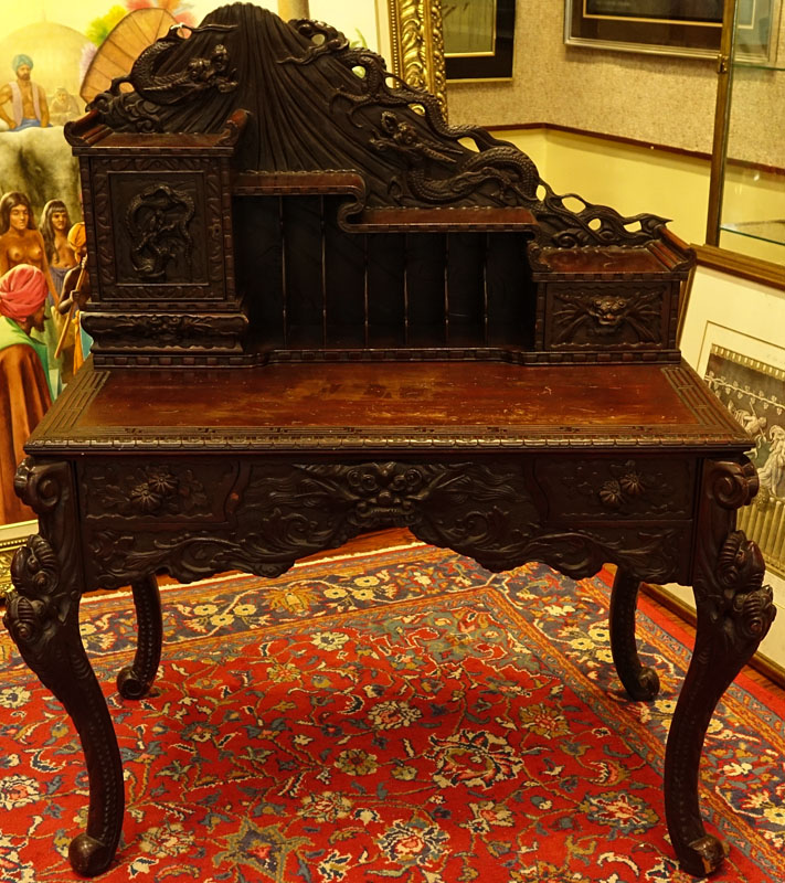 Early 20th Century Carved Japanese Mt. Fuji and Dragon Relief Writing Desk.