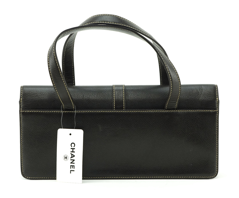 Chanel Long Double Pocket Brown Caviar Leather Handbag.