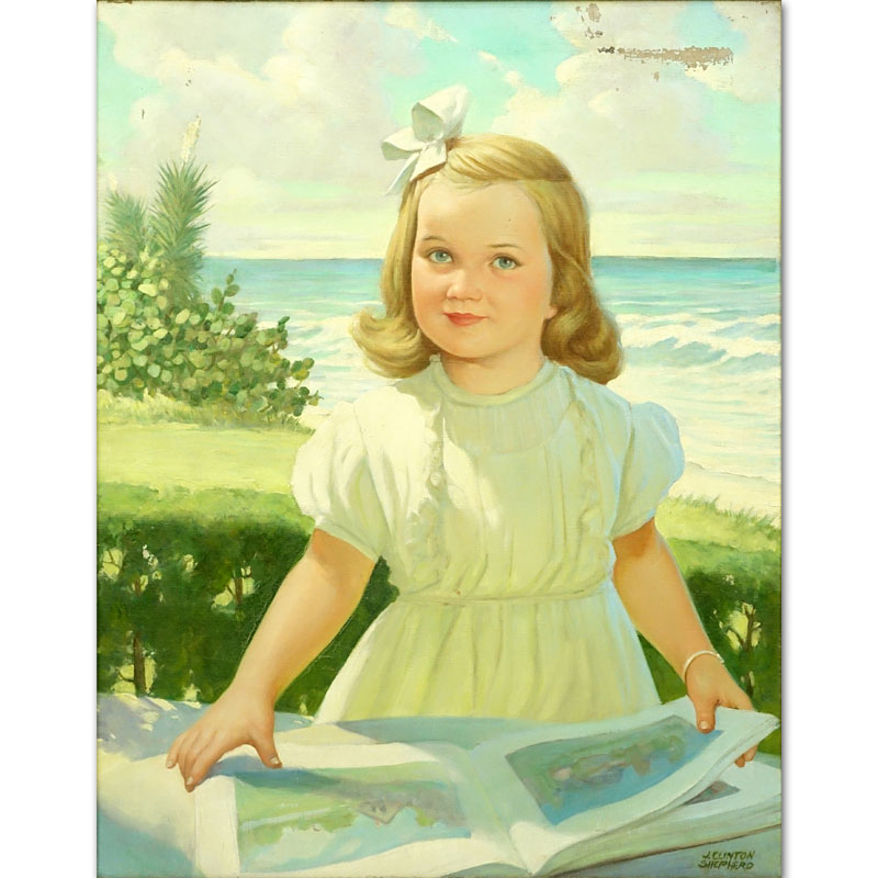 J. Clinton Shepherd, American (1888-1975) "Young Girl Near Ocean" Oil on Canvas Signed Lower Right. 