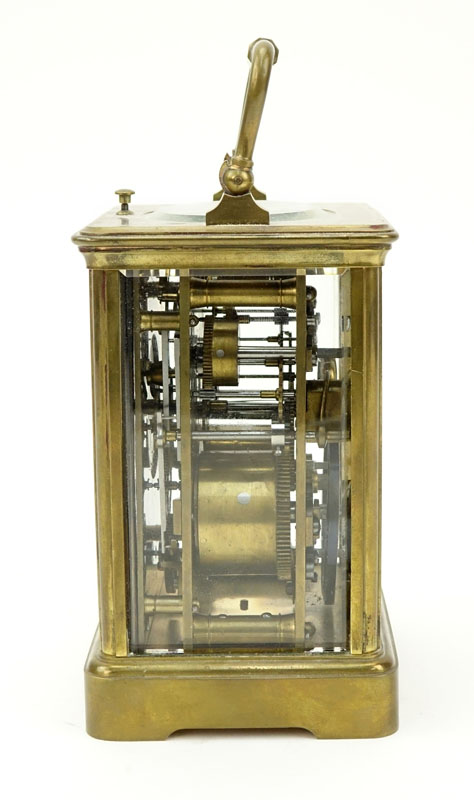 Late 19th Century French Aiguilles Gilt Brass Carriage Clock. Porcelain dial with double display, Roman and Arabic numerals. 