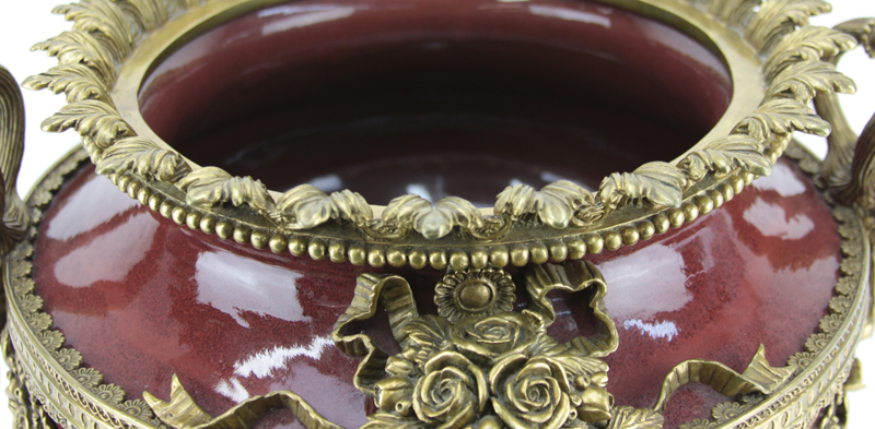 Louis XVI Style Gilt Bronze and Rouge Porcelain Pedestal Bowl/Centerpiece.