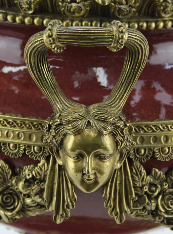 Louis XVI Style Gilt Bronze and Rouge Porcelain Pedestal Bowl/Centerpiece.