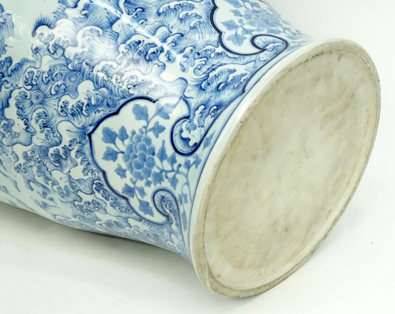 Large Pair of Matching Chinese Blue and White Porcelain Covered Urns.