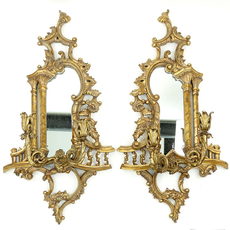 Pair of Modern Georgian Style Giltwood and Bronze Mirrored Wall Sconces.
