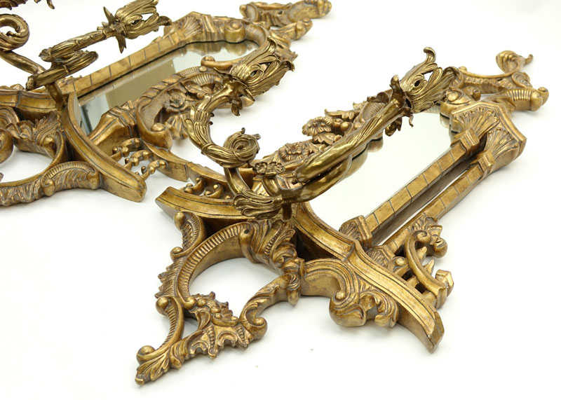 Pair of Modern Georgian Style Giltwood and Bronze Mirrored Wall Sconces.
