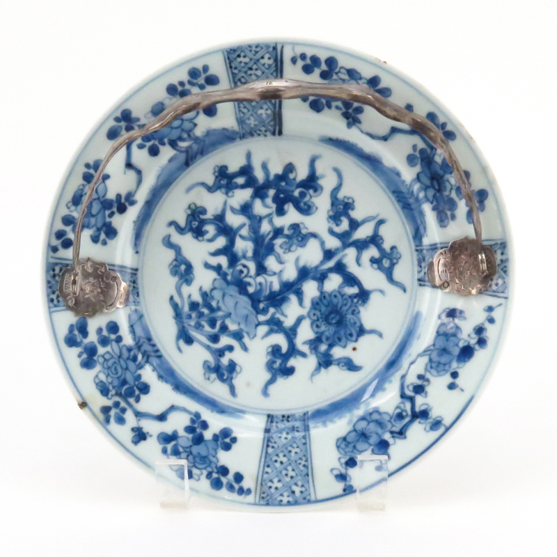 Chinese Kangxi style Blue & White Porcelain Plate With European Chased Silver Handle.