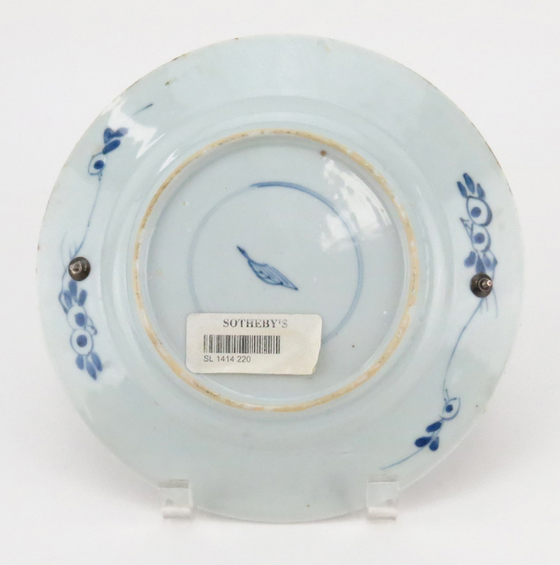 Chinese Kangxi style Blue & White Porcelain Plate With European Chased Silver Handle.