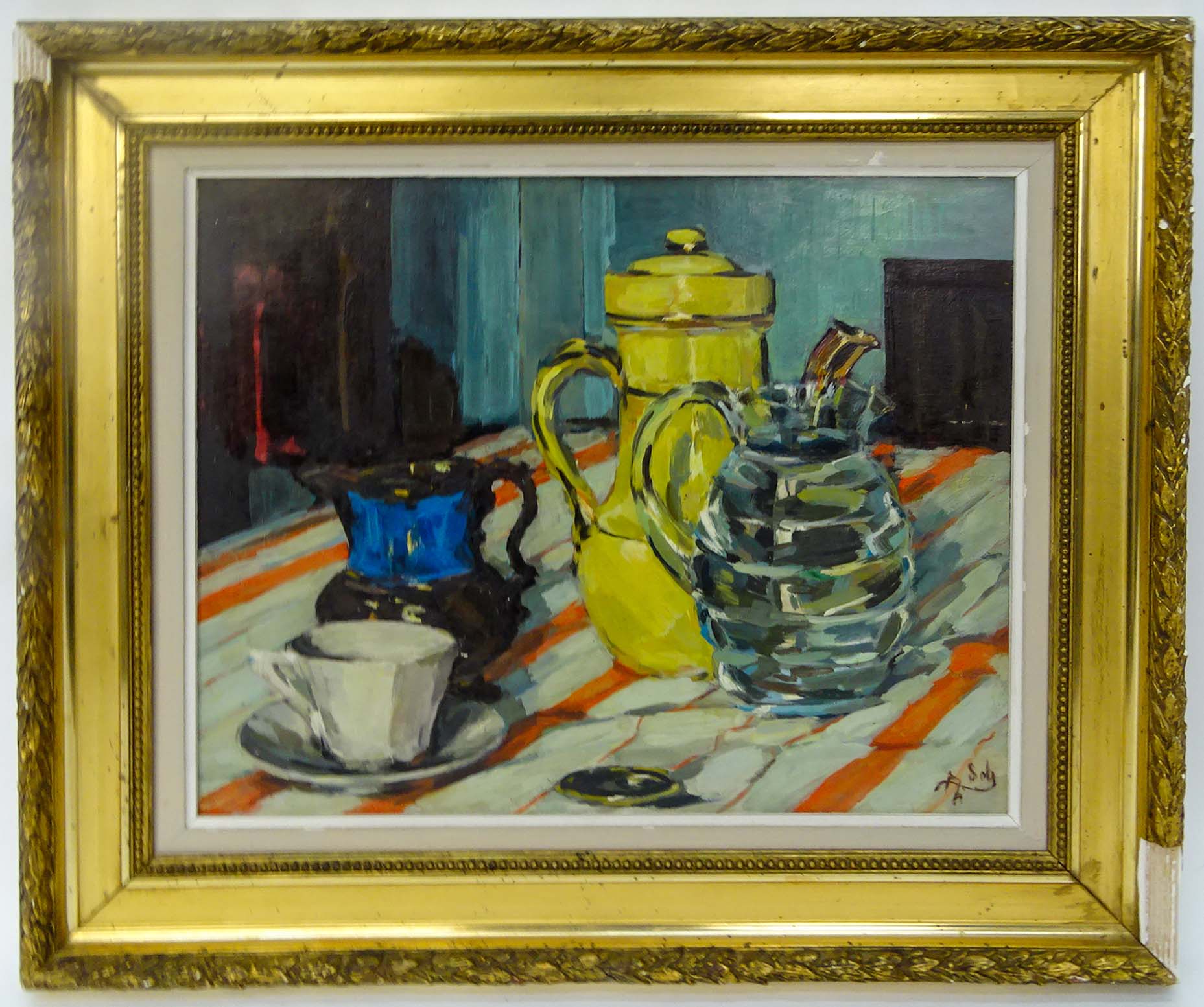 French School (20th Century) "Still Life, Tableware" Oil on Panel Signed Lower Right. 