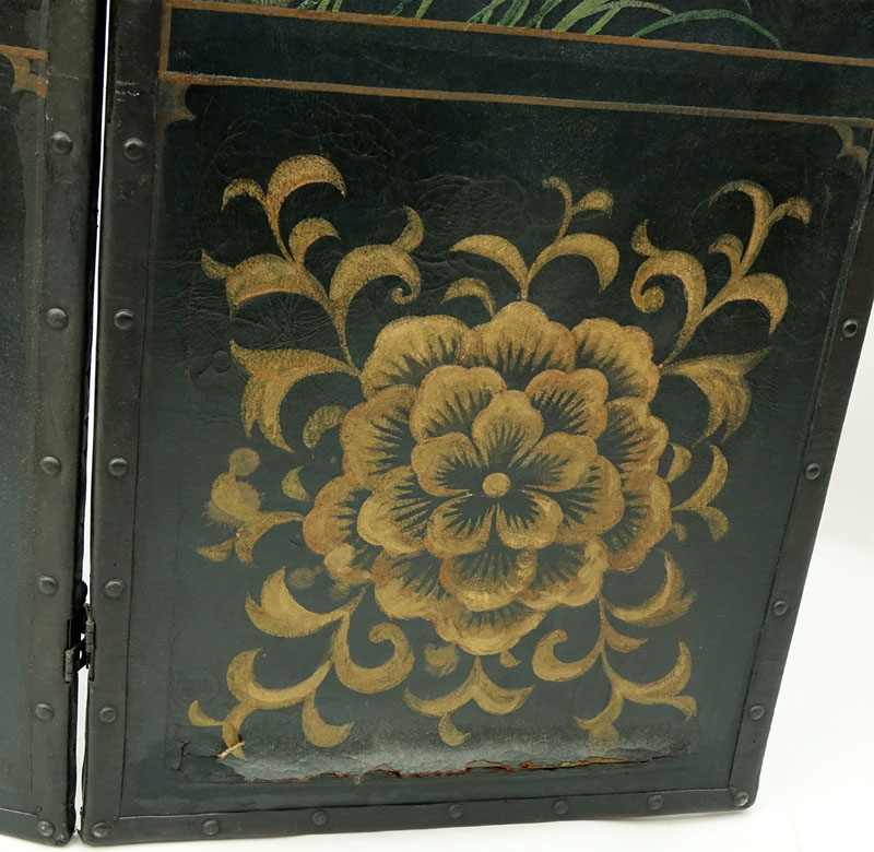 19th Century European Hand Painted Leather Three Panel Screen.