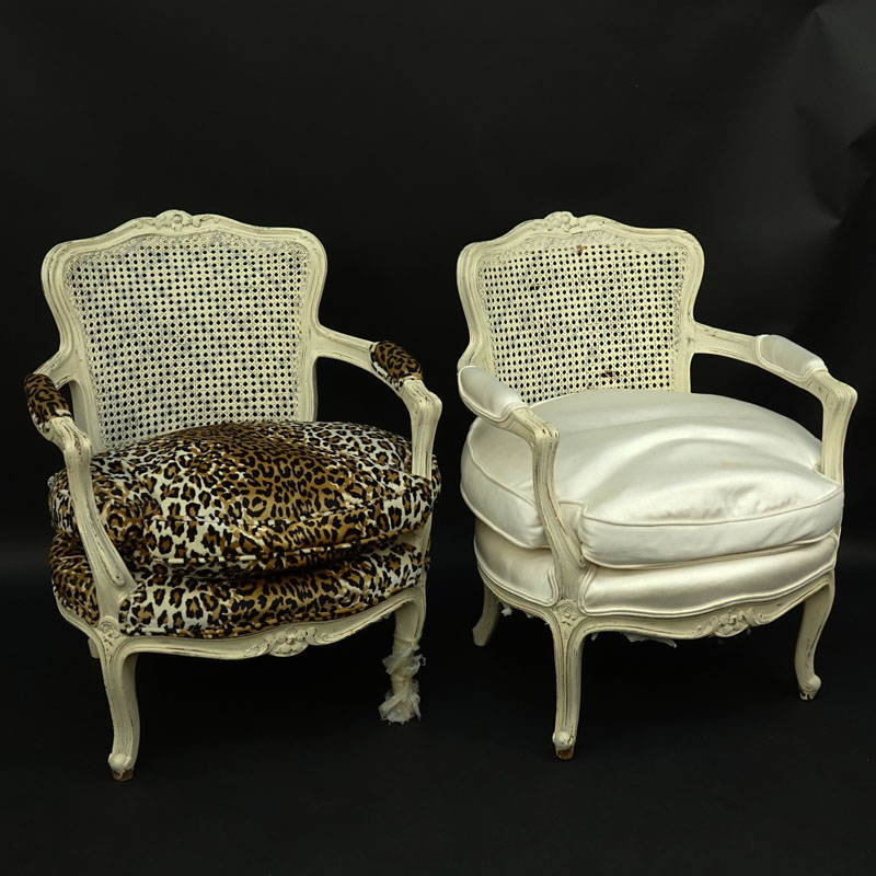 Pair Louis XV Style Fauteuils. Distressed painted, cane backed. 