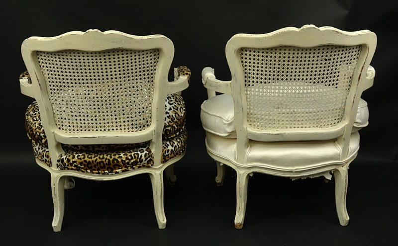 Pair Louis XV Style Fauteuils. Distressed painted, cane backed. 