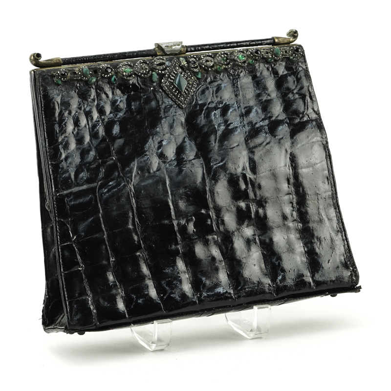 Vintage Black Alligator  Clutch Purse with Marcasite and Inlaid Frame.