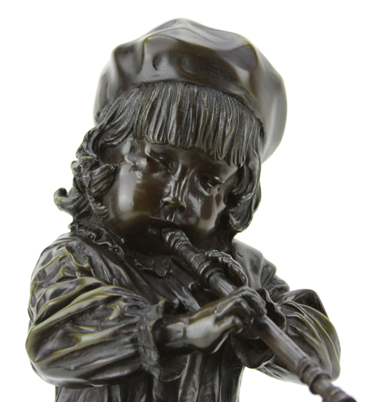 Modern Bronze Sculpture of a Young Child with Teddy Bear Mounted on Black Marble Base.