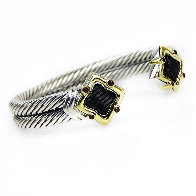 David Yurman Ruby, Carved Back Onyx, 18 Karat Yellow Gold and Sterling Silver Double Cable Cuff Bangle. 