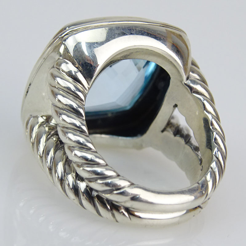 David Yurman Albion Cushion Cut Blue Topaz and Sterling Silver Cable Ring. Topaz measures 16mm x 16mm.