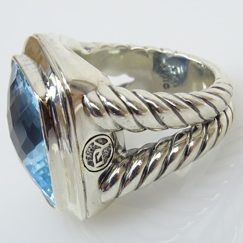 David Yurman Albion Cushion Cut Blue Topaz and Sterling Silver Cable Ring. Topaz measures 16mm x 16mm.