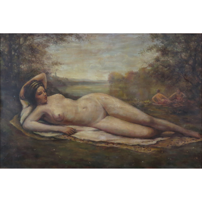 19/20th Century Oil on Canvas, Reclining Nude in Landscape. Signed Corot