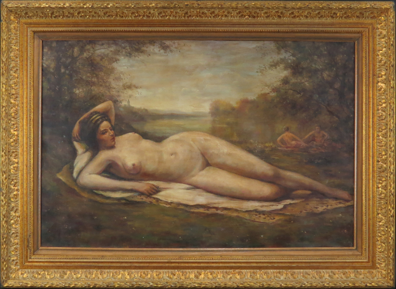 19/20th Century Oil on Canvas, Reclining Nude in Landscape. Signed Corot